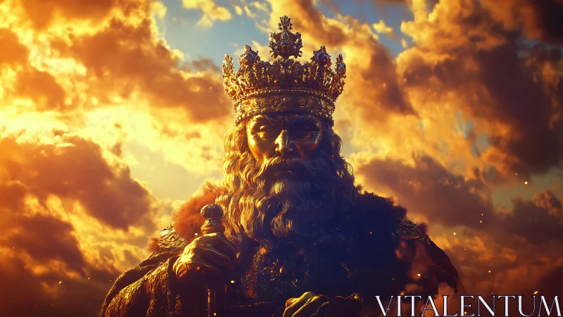 Golden crowned king statue against dramatic sunset sky.