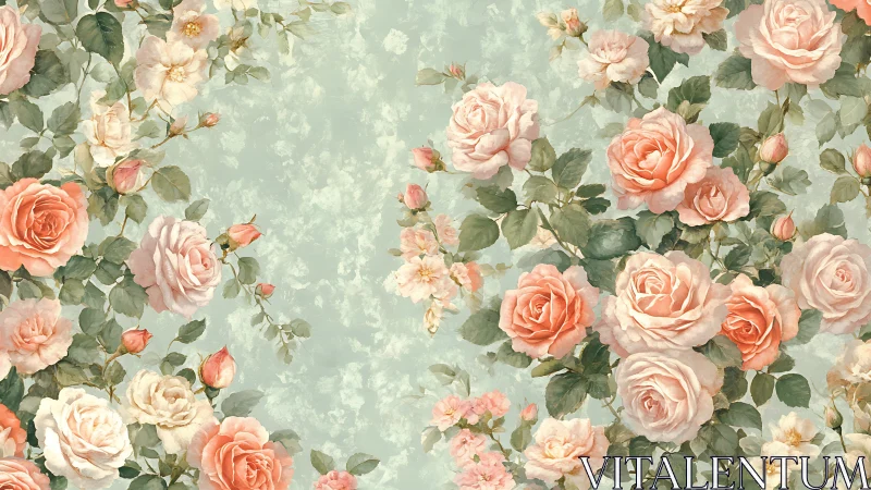 Floral composition with pale roses on muted green background.