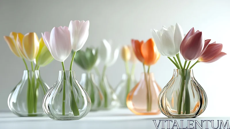 Polychromatic Tulip Arrangement with Crystalline Glass Vessel Compositions.