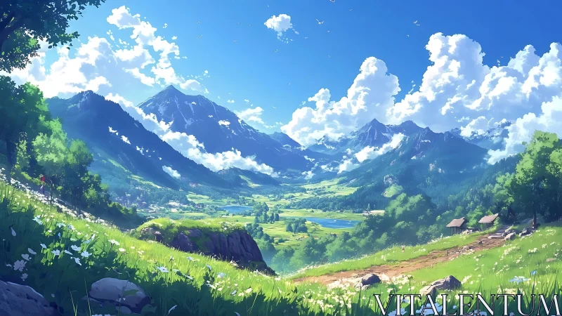 Digital painting landscape with alpine valley depth and clouds.