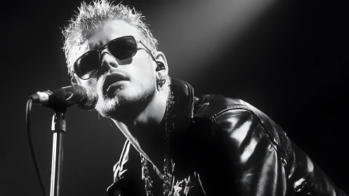 Moody rock vocalist in spotlight with glossy leather jacket.