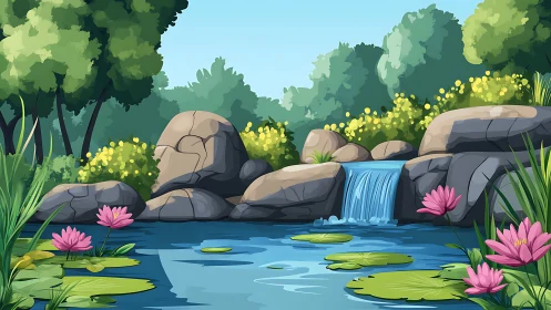 Gentle forest waterfall flows into a bright lily-filled pond