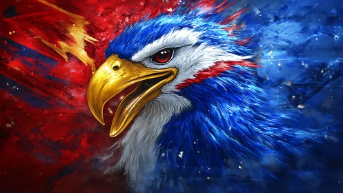 Electric war-cry eagle blazing through red blue storm.