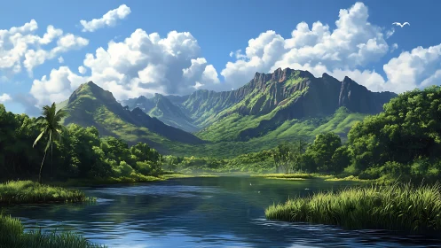 High-fidelity tropical valley landscape with stratified mountain ridges