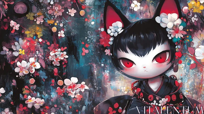 Cat-eared girl with red eyes stands amid painted blossoms