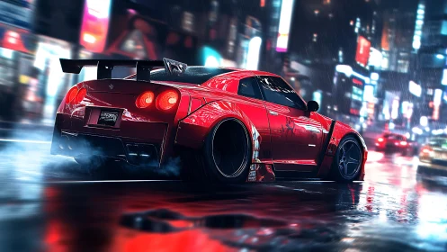 Red tuner car drifting through neon city rain at night.