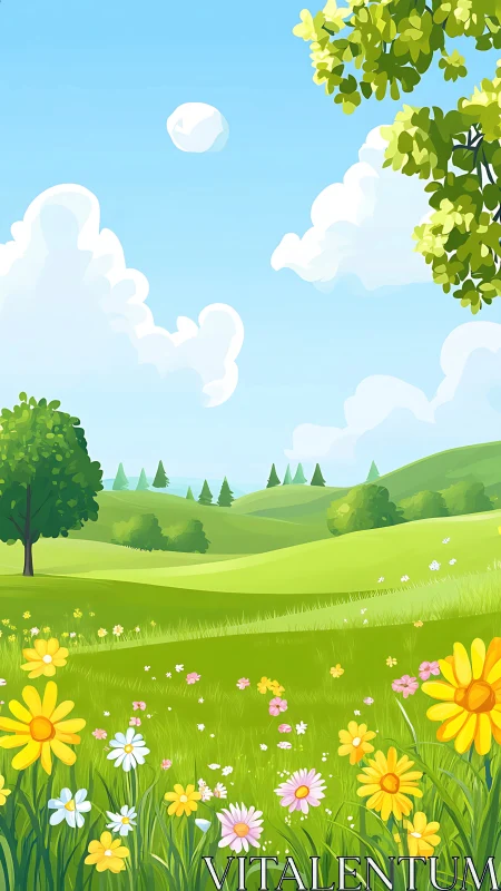 Vector-optimized spring meadow landscape with stylized flora.