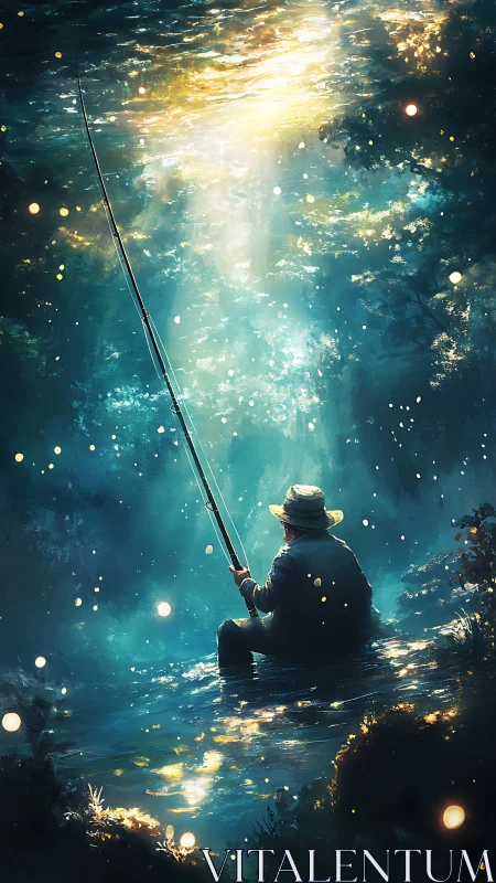 Solitary fisherman waits under luminous forest river light