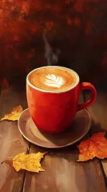 Red mug of latte on wooden table with autumn leaves.