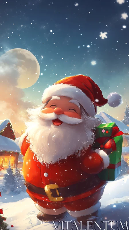 Cartoon Santa stands in snowy village holding wrapped gift