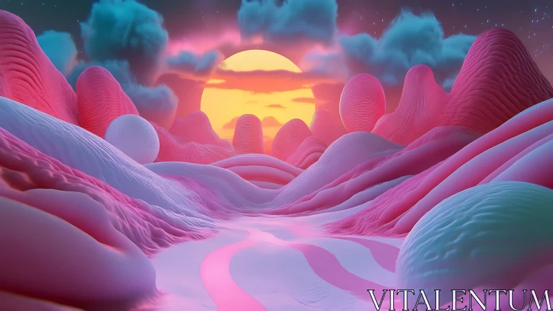 Candy dunes drift toward a melting neon sun beyond clouds