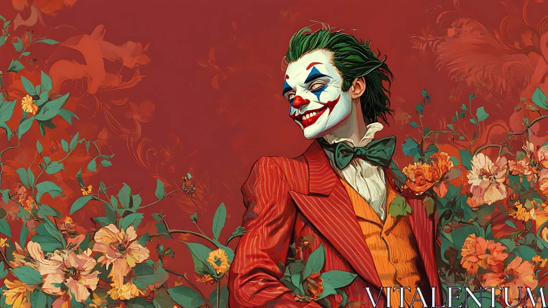 Clown in red suit amid floral chaos on saturated backdrop.