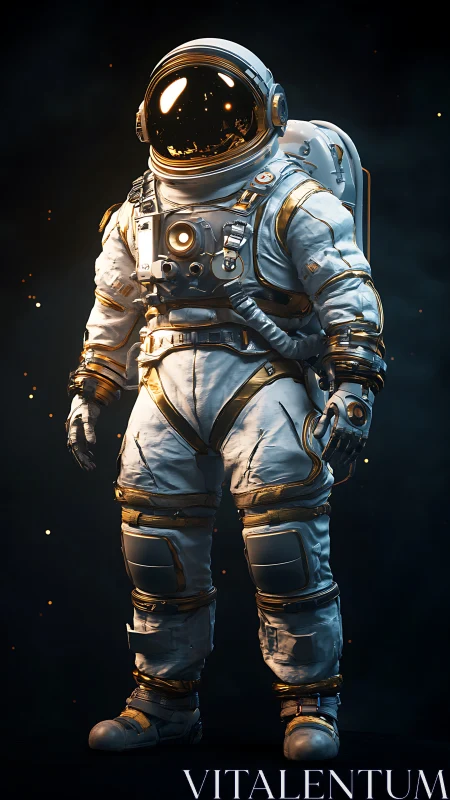 Gold-trimmed astronaut standing ready for a calm spacewalk.