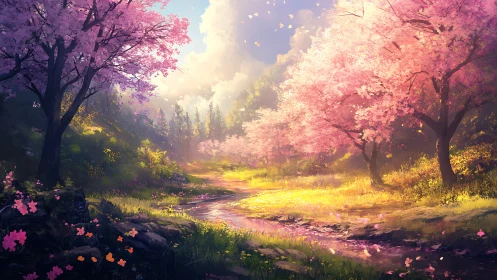 Spring creek in luminous cherry blossom forest glade