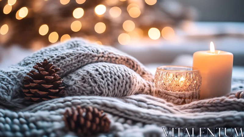 Cozy candlelight rests gently on soft knits and pinecones
