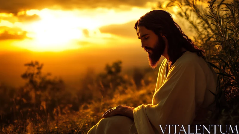 Figure in robe sits against bright sunset on hillside