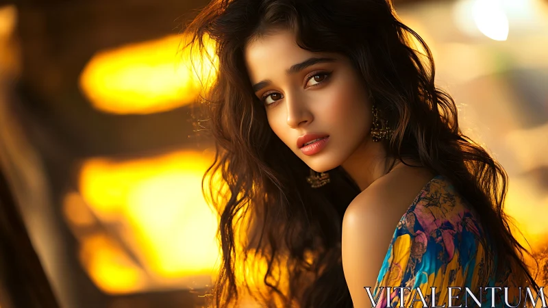 Golden hour portrait with luminous bokeh backdrop.