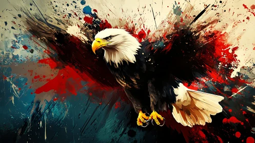 Majestic Bald Eagle in Flight with Abstract Paint Splash Background.