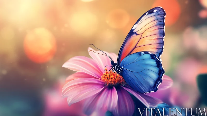 Blue butterfly rests on pink flower in glowing bokeh garden.