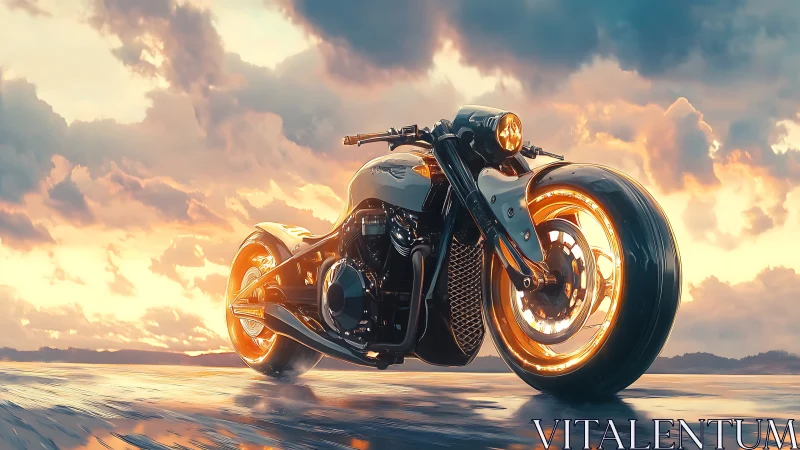 Futuristic cruiser motorcycle glows against a stormy sunset sky