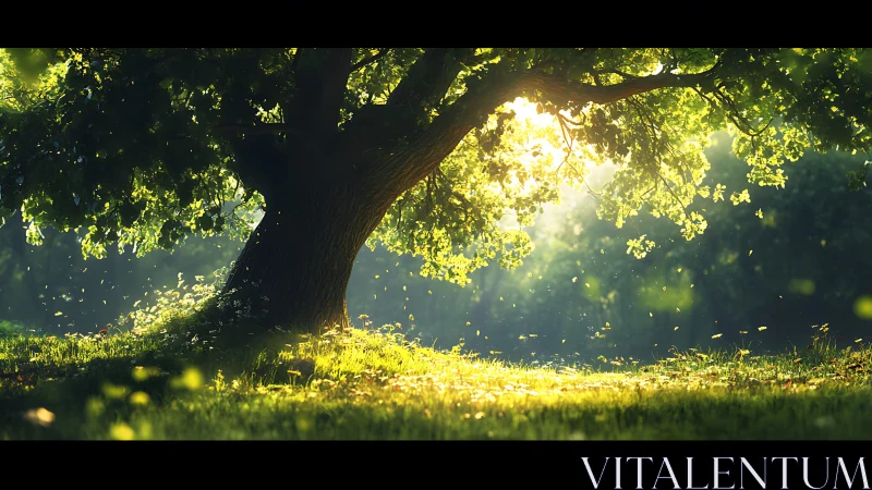 Majestic Oak Tree in Morning Sunlight, Lush Nature Landscape.