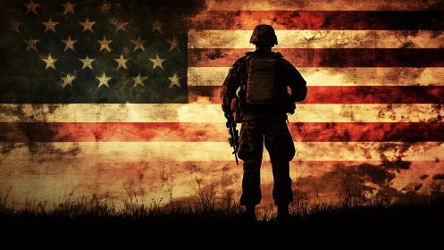 Silhouetted soldier guarding a weathered, burning-toned flag.
