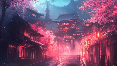 Neon lit cherry blossom avenue toward tiered Japanese temple