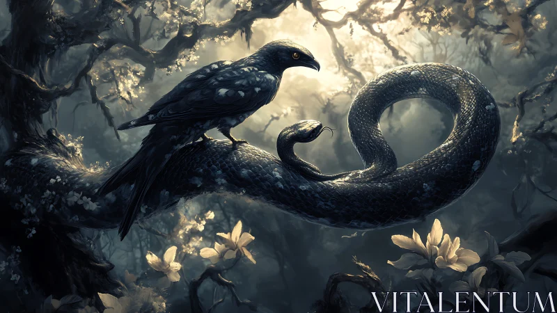 Nocturnal corvid and serpent in bioluminescent forest tableau.