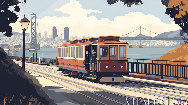 Sunlit cable car gliding through a calm bay cityscape.