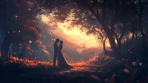 Two figures positioned centrally within illuminated forest tunnel formation.