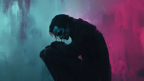 Moody digital portrait in cyan magenta split lighting study.