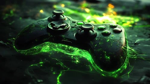 Game controller rests on glowing green liquid surface