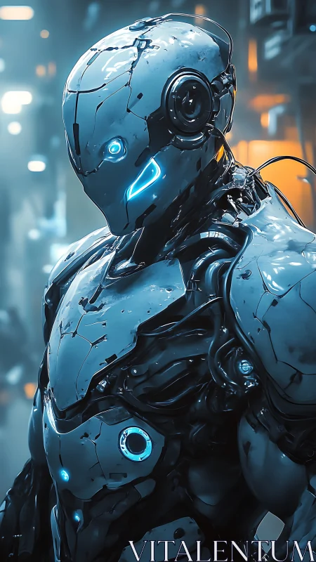 Cyan-lit exoskeletal combat android with articulated alloy plating.