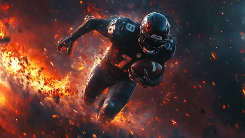 American football player sprints through fiery explosive field.