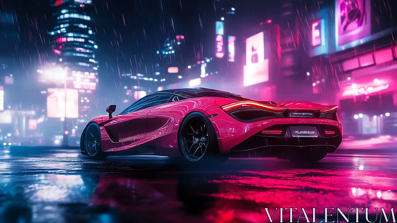 Neon supercar in cyberpunk rain on futuristic city street.