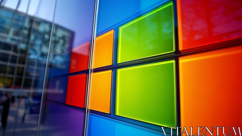 Colorful glass window panels reflect modern cityscape.