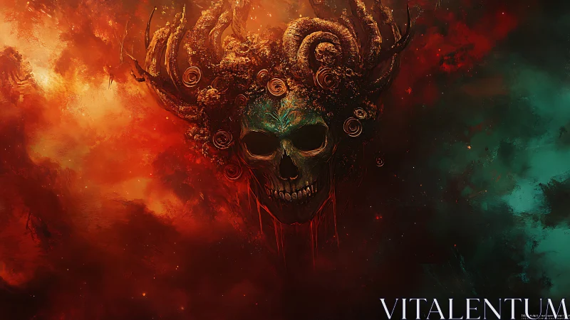 Skull crowned with twisted horns amid infernal nebulae.