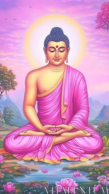Buddha figure in lotus pose over pond with haloed backdrop.