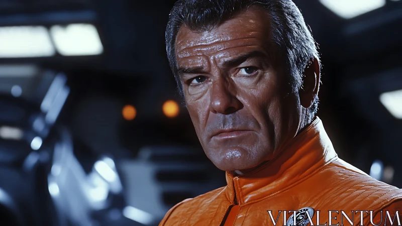 Seasoned starship commander in orange pressure suit portrait