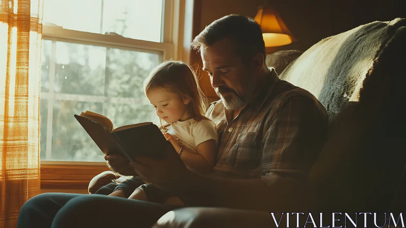 Warm backlit storytelling scene with adult and child reading.