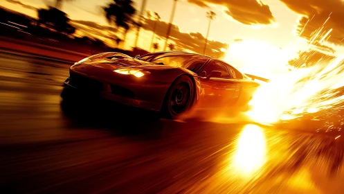 Supercar tears through fiery sunset street in explosive speed
