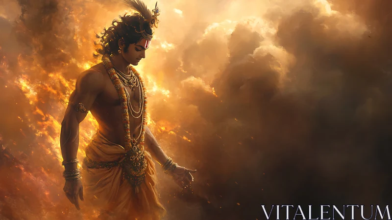 Mythic warrior in ornate attire walks through glowing smoke