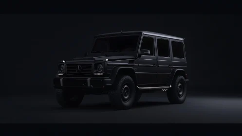 Black SUV rendered in low-key studio environment.