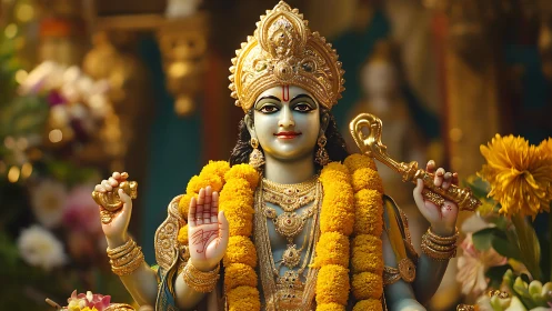 Sculpted Hindu deity idol with ornate gold adornment in warm light