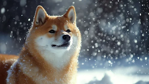 Shiba Inu dog standing in falling snow outdoors in winter.
