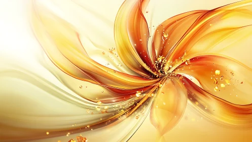 Radiant amber fluid bloom with luminous particle accents.