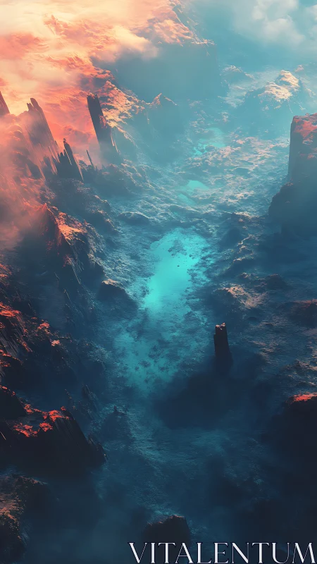 Molten dawn pours into a frozen canyon of turquoise mist