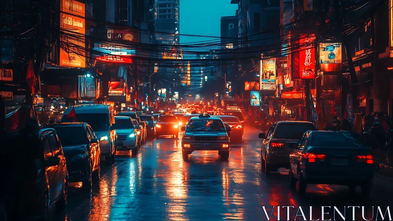 Rain-soaked neon traffic hums through a dusk-blue city artery