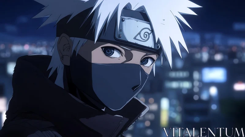 Masked silver-haired ninja studies neon city skyline at night.