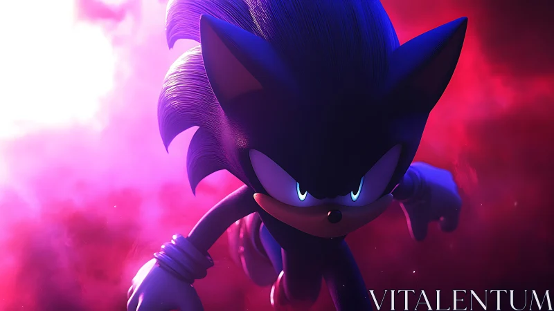 Shadowed blue hedgehog charging through neon misted void.